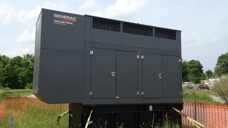 A large enclosed standby generator on a concrete pad beside a building